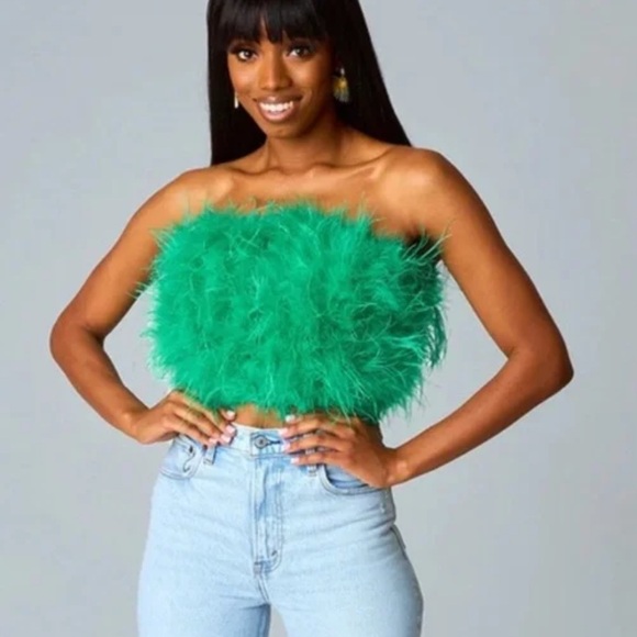 Buddy Love- SZ S Green Fancy Strapless Feather Crop Top - Picture 8 of 9
